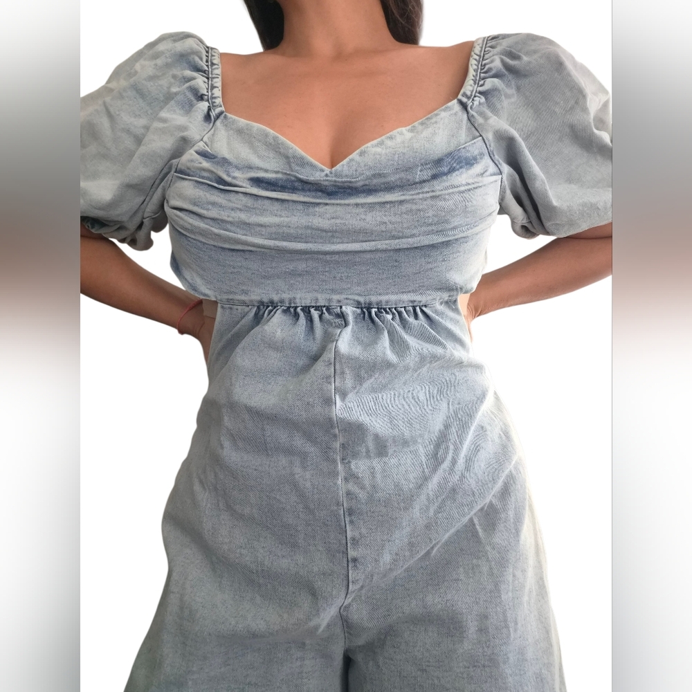 Light Wash Denim Jumpsuit with Puff Sleeves - Light Blue